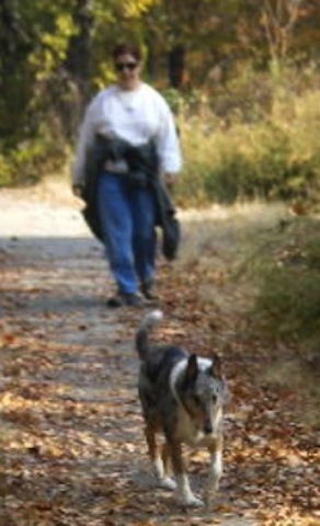 A woman walking outside with a dog.