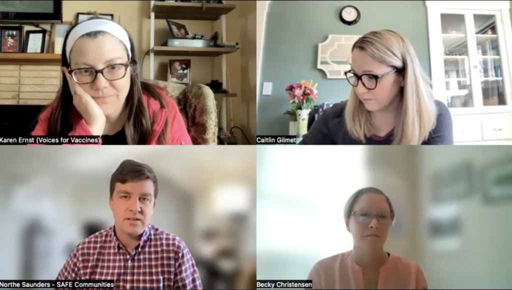 A Zoom panel, including a white woman with glasses, brown hair, and a white hair band, another white woman with blonde hair, a white man with brown hair and a checkered shirt, and a white woman with sandy blonde hair, glasses, and a peach shirt.