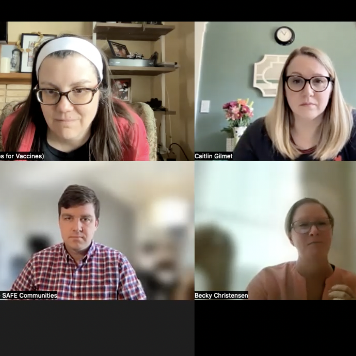 A Zoom panel, including a white woman with glasses, brown hair, and a white hair band, another white woman with blonde hair, a white man with brown hair and a checkered shirt, and a white woman with sandy blonde hair, glasses, and a peach shirt.