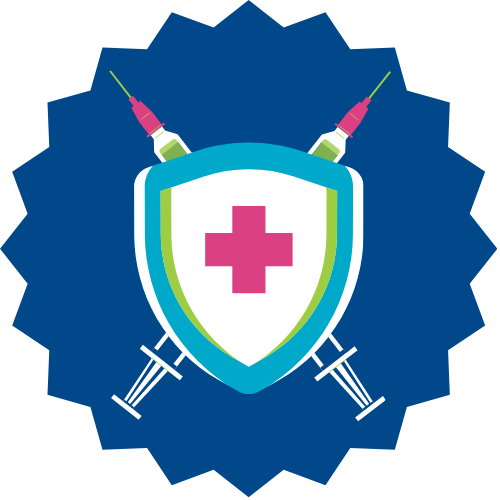 A dark blue starburst overlaid with a white shield, which is adorned with a pink cross. Behind the shield are two crossed syringes, taking the place of what would normally be swords. The vaccine is mightier than the sword.