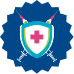 A Dark Blue Starburst Overlaid With A White Shield, Which Is Adorned With A Pink Cross. Behind The Shield Are Two Crossed Syringes, Taking The Place Of What Would Normally Be Swords. The Vaccine Is Mightier Than The Sword.