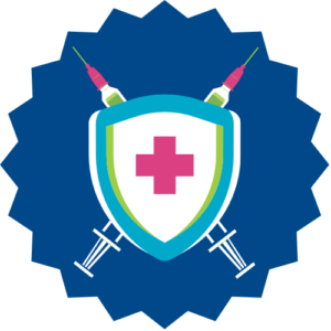 A dark blue starburst overlaid with a white shield, which is adorned with a pink cross. Behind the shield are two crossed syringes, taking the place of what would normally be swords. The vaccine is mightier than the sword.