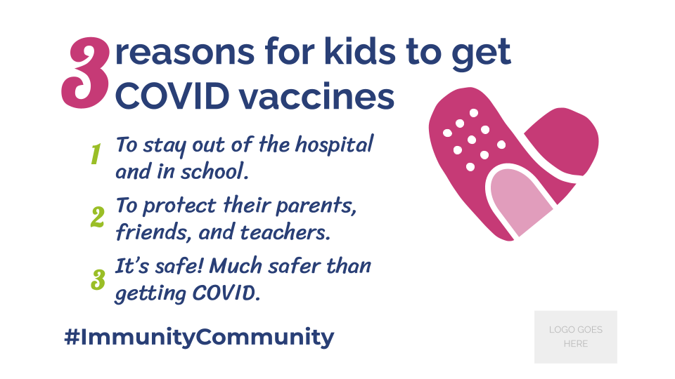 3 reasons for kids to get covid vaccines: 1 - to stay out of the hospital and in school. 2 - to protect their parents, friends, and teachers. 3 - it's safe! much safer than getting covid. #immunitycommunity