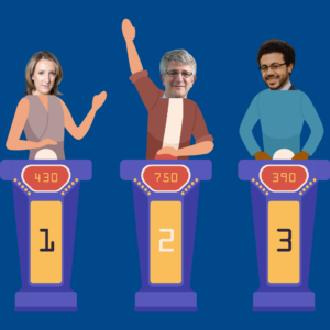 A Cartoon Of People Playing A Game Show With Photos Of The Heads Of Heather Simpson, Paul Offit, And Dan Wilson Badly Photoshopped Onto The Bodies.