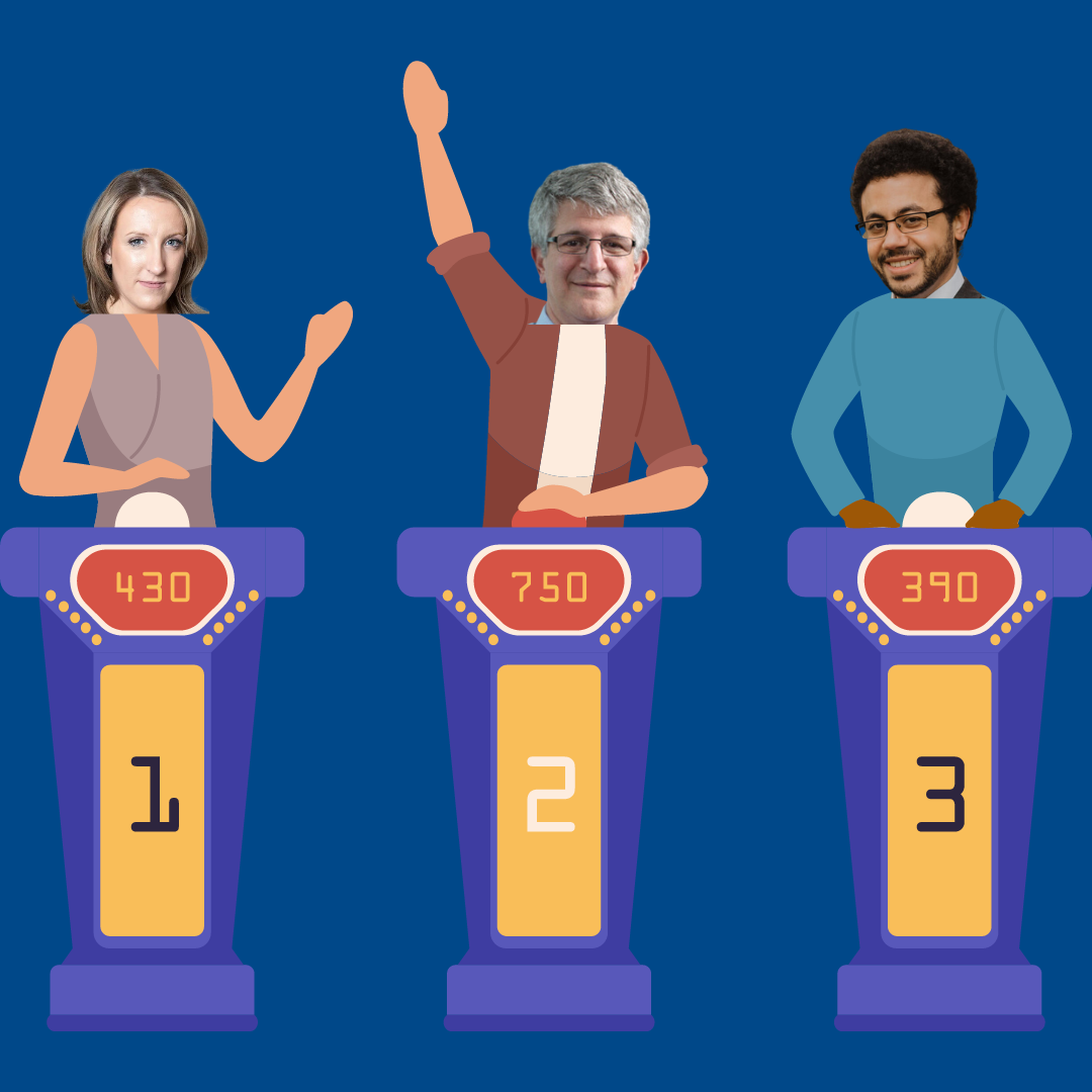 A cartoon of people playing a game show with photos of the heads of Heather Simpson, Paul Offit, and Dan Wilson badly photoshopped onto the bodies.