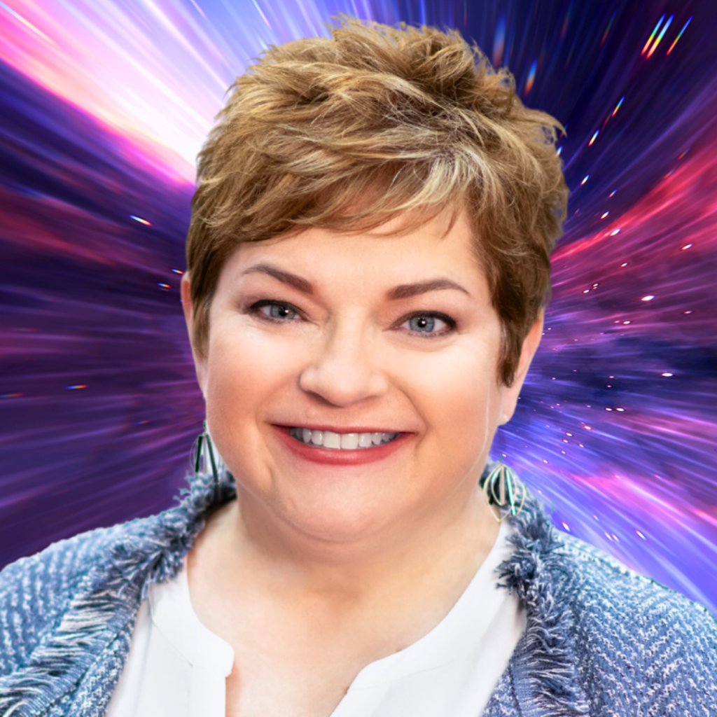 A lovely, short-haired woman in front of a purple astral plane