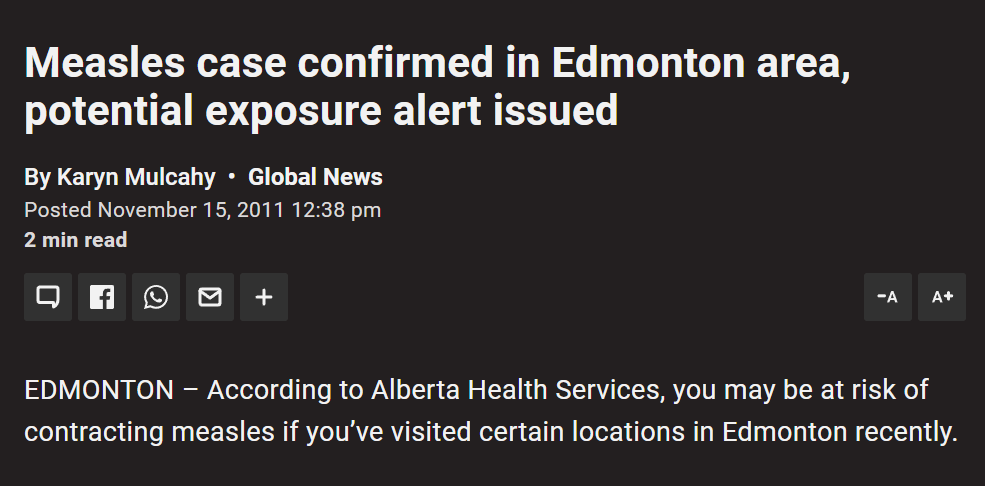 News headline: Measles case confirmed in Edmonton area, potential exposure alert issued.